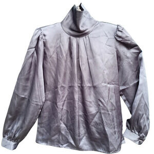 Vintage 80s David Benjamin Satin‎ High Collar Drape Neck Puffy Shoulder Blouse
